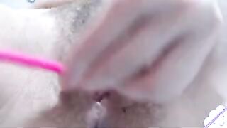 bimbos with unshaved twat tease her vagina with pink toy